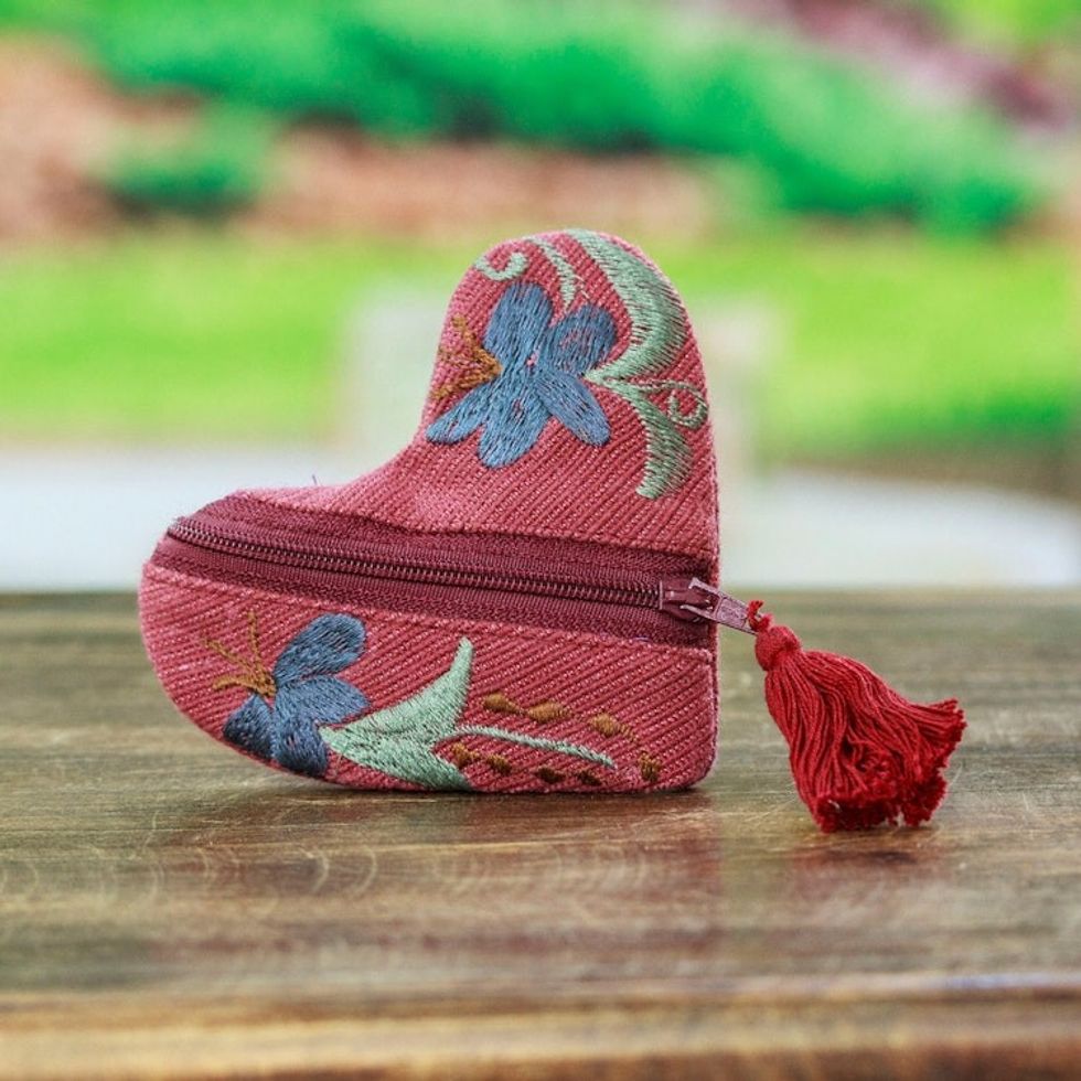 Embroidered Floral Heart-Shaped Burgundy Cotton Coin Purse 'Frugal Romance'
