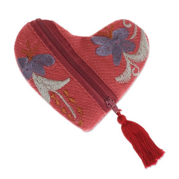 Alternate image for Embroidered Floral Heart-Shaped Burgundy Cotton Coin Purse Frugal Romance