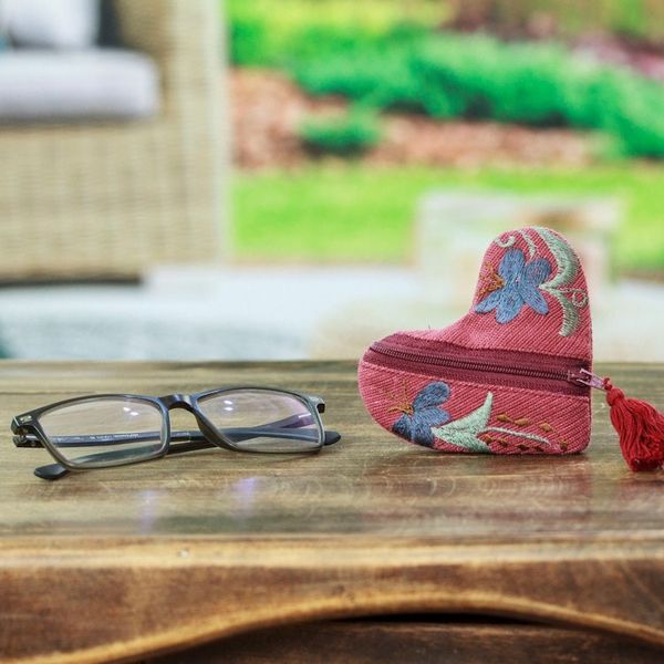 Alternate image for Embroidered Floral Heart-Shaped Burgundy Cotton Coin Purse Frugal Romance