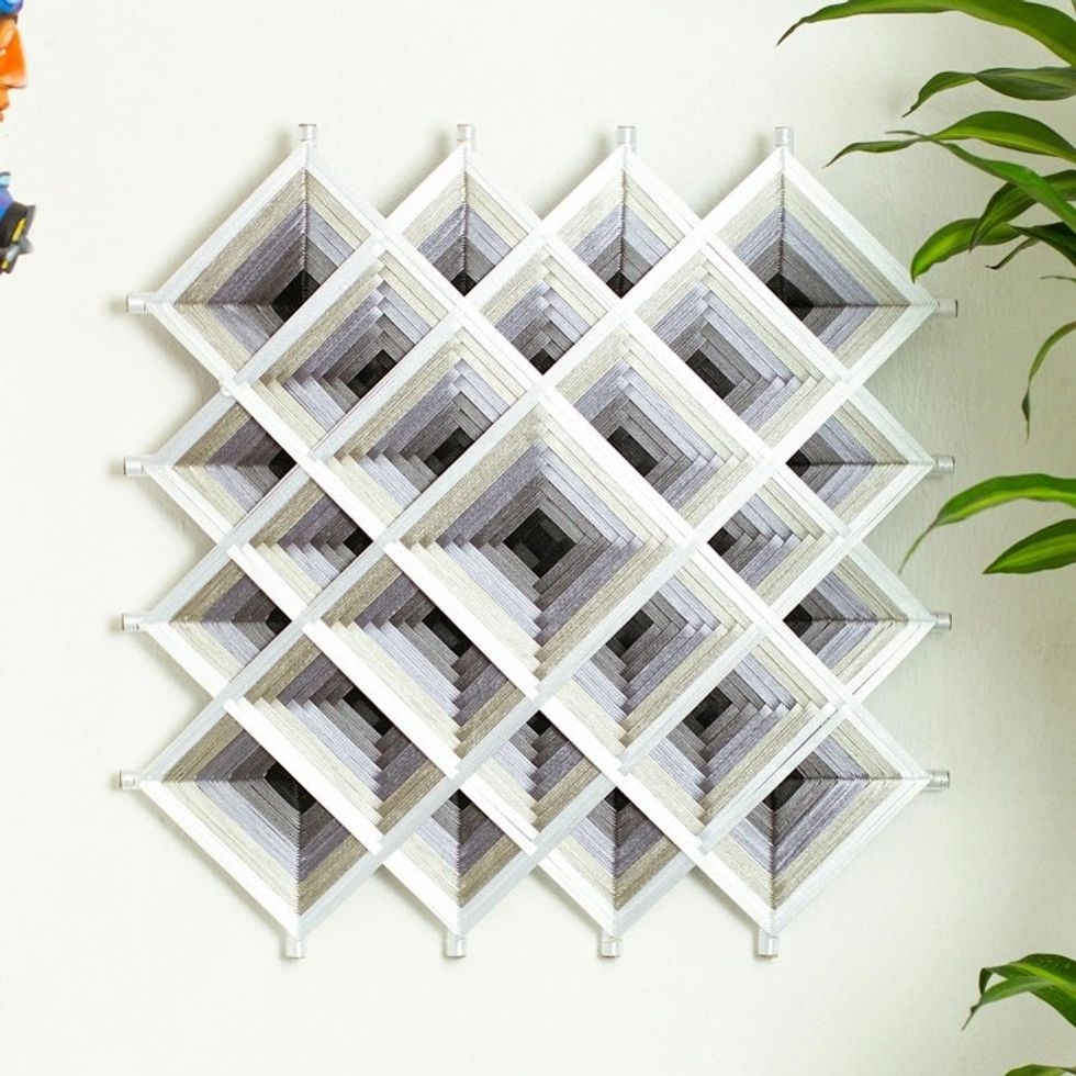 Pine Wood Handwoven Grey Wall Art with Geometric Motifs 'Grey Divinity'