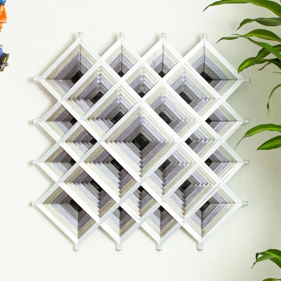 Pine Wood Handwoven Grey Wall Art with Geometric Motifs 'Grey Divinity'