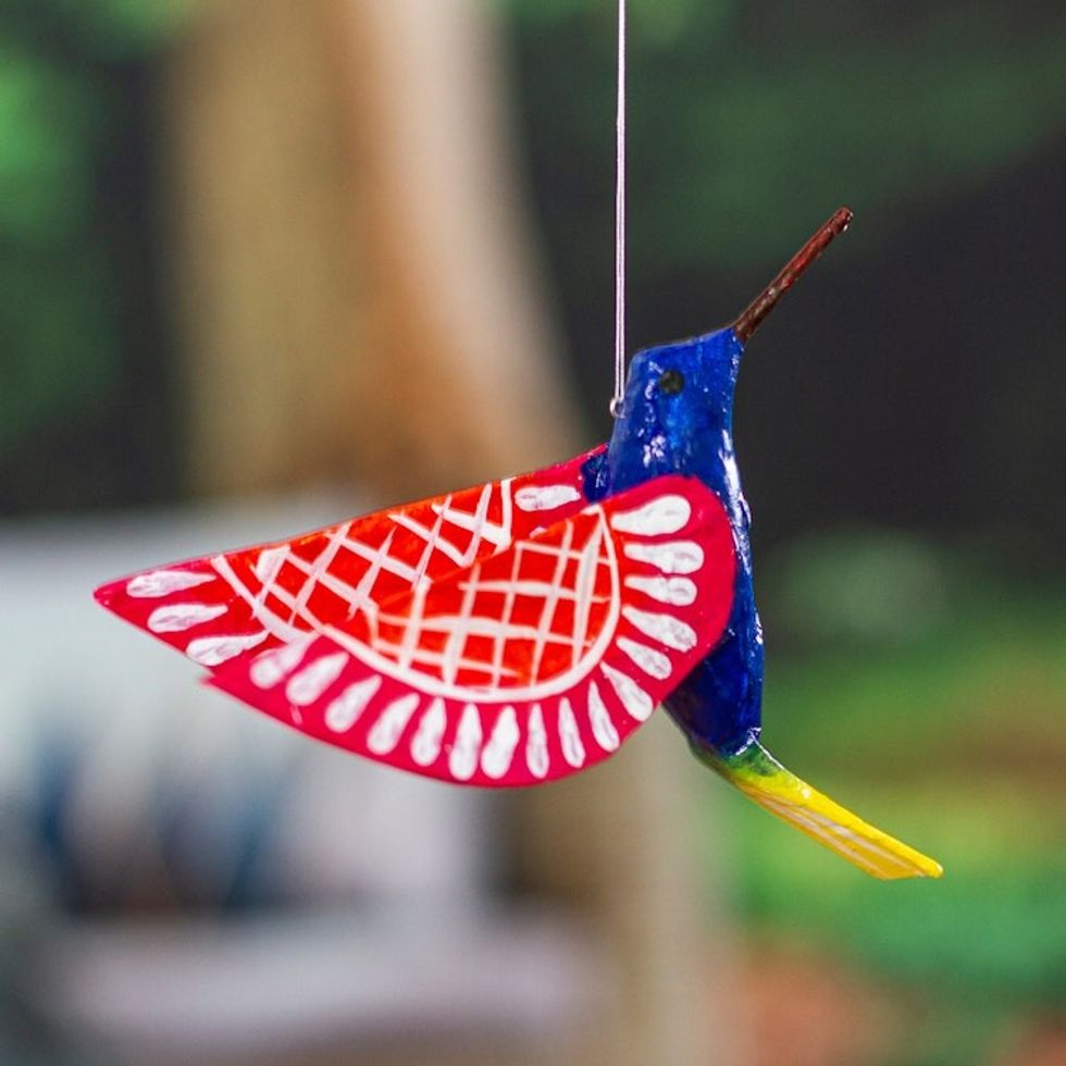 Handmade Blue Hummingbird Papier Mache Ornament from Mexico 'Blue and Red Hummingbird'
