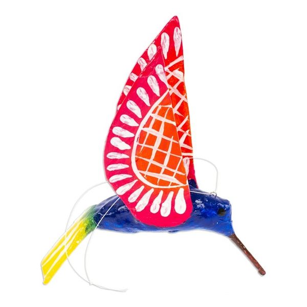 Alternate image for Handmade Blue Hummingbird Papier Mache Ornament from Mexico Blue and Red Hummingbird