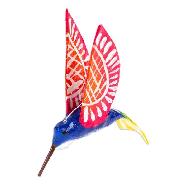 Alternate image for Handmade Blue Hummingbird Papier Mache Ornament from Mexico Blue and Red Hummingbird