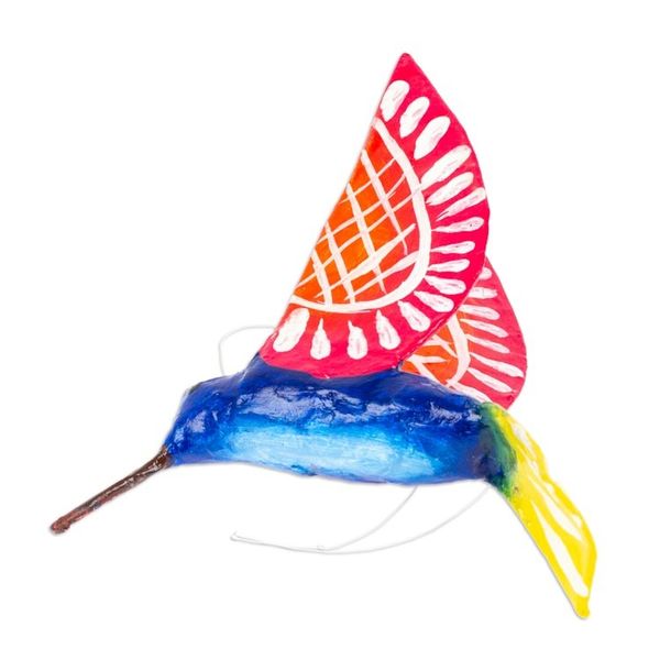 Alternate image for Handmade Blue Hummingbird Papier Mache Ornament from Mexico Blue and Red Hummingbird