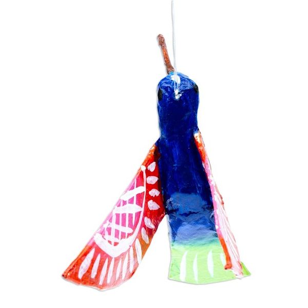 Alternate image for Handmade Blue Hummingbird Papier Mache Ornament from Mexico Blue and Red Hummingbird