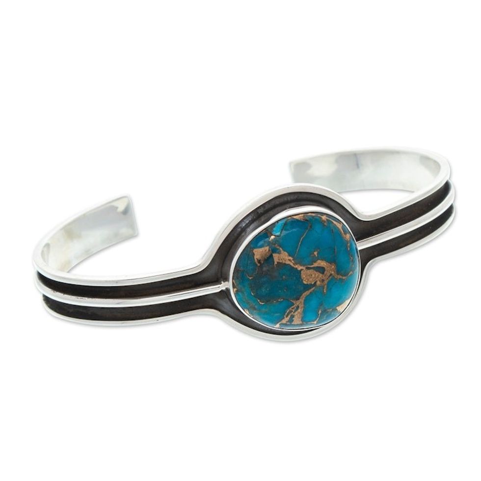 Modern Sterling Silver Cuff Bracelet with Recon Turquoise 'Lagoon Portal'
