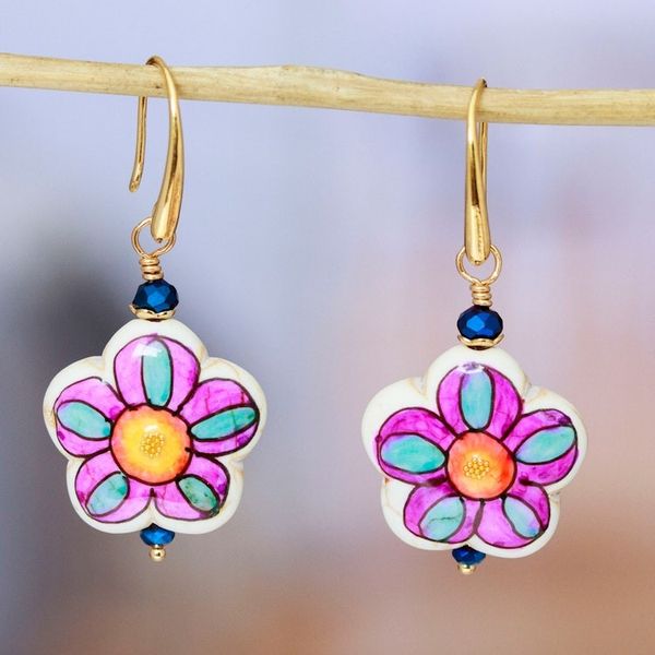 Alternate image for Gold-Accented Floral Howlite Dangle Earrings in Pink Hues Kindness Bloom