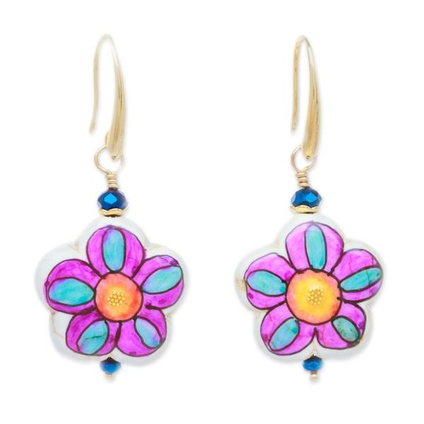 Alternate image for Gold-Accented Floral Howlite Dangle Earrings in Pink Hues Kindness Bloom