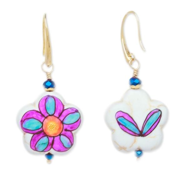 Alternate image for Gold-Accented Floral Howlite Dangle Earrings in Pink Hues Kindness Bloom
