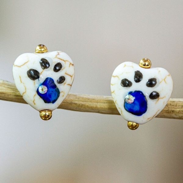 Alternate image for 14k Gold-Accented Cyan Heart-Shaped Howlite Stud Earrings Cyan Paws