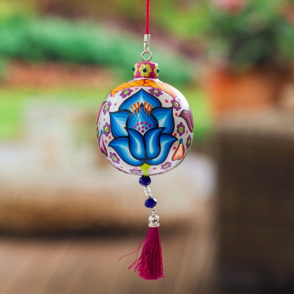Hand-Painted Floral Copal Wood Ornament in a Silver Base Hue 'Oaxaca's Silver Spring'