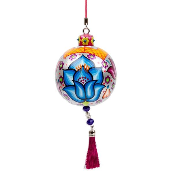 Alternate image for Hand-Painted Floral Copal Wood Ornament in a Silver Base Hue Oaxacas Silver Spring