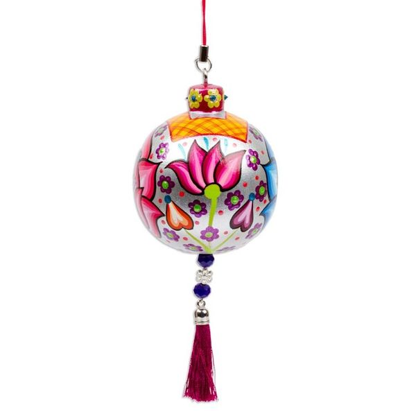 Alternate image for Hand-Painted Floral Copal Wood Ornament in a Silver Base Hue Oaxacas Silver Spring