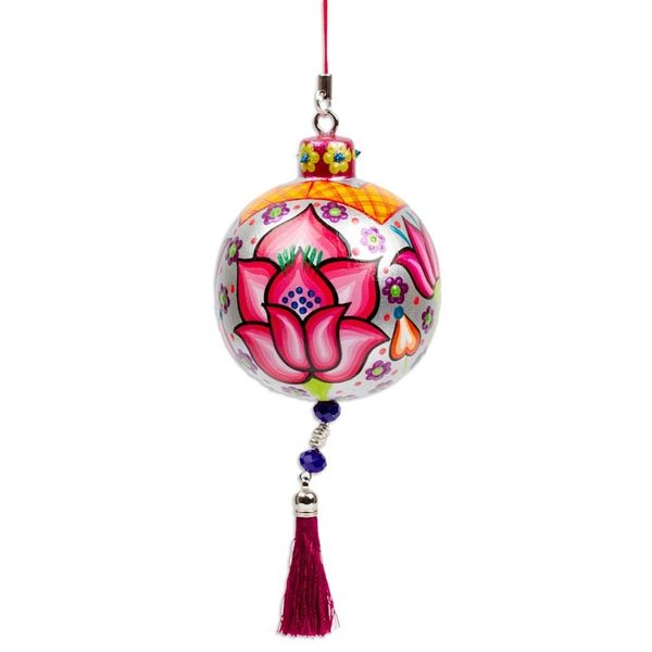 Alternate image for Hand-Painted Floral Copal Wood Ornament in a Silver Base Hue Oaxacas Silver Spring