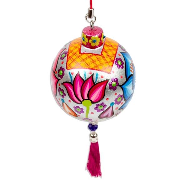 Alternate image for Hand-Painted Floral Copal Wood Ornament in a Silver Base Hue Oaxacas Silver Spring