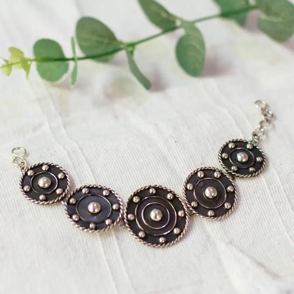 Modern Taxco Sterling Silver Oxidized Link Bracelet 'Wheels of Style'