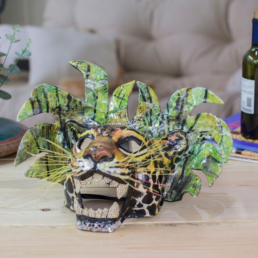 Hand-Painted Lacquered Mexican Jaguar Papier Mache Mask 'Green Jaguar'