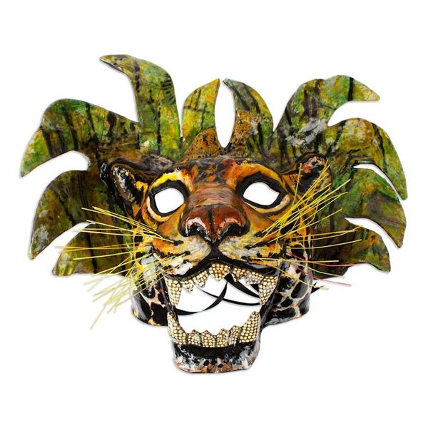 Alternate image for Hand-Painted Lacquered Mexican Jaguar Papier Mache Mask Green Jaguar