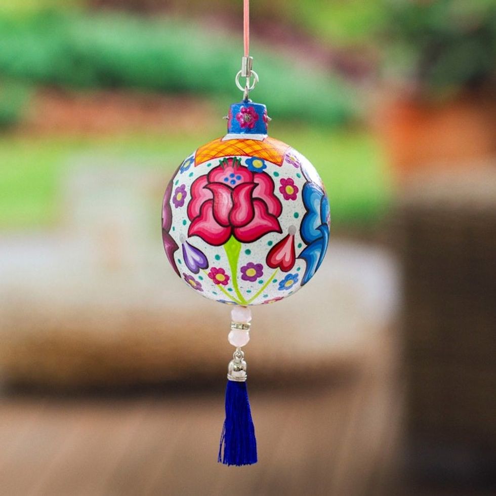 Hand-Painted Floral Copal Wood Ornament in a White Base Hue 'Oaxaca's Heavenly Spring'