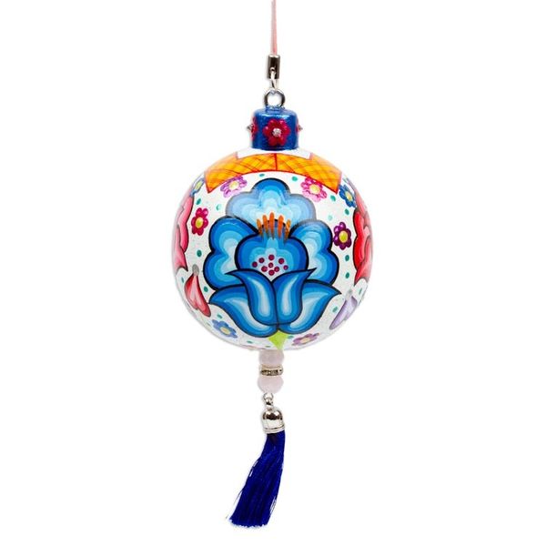Alternate image for Hand-Painted Floral Copal Wood Ornament in a White Base Hue Oaxacas Heavenly Spring