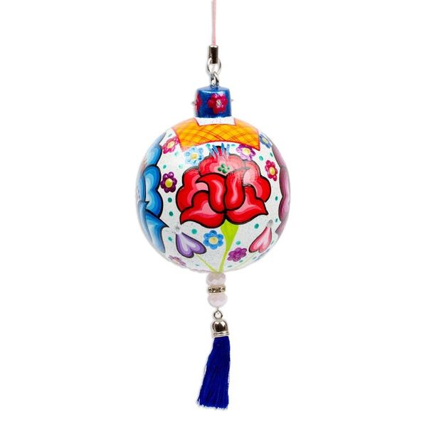 Alternate image for Hand-Painted Floral Copal Wood Ornament in a White Base Hue Oaxacas Heavenly Spring