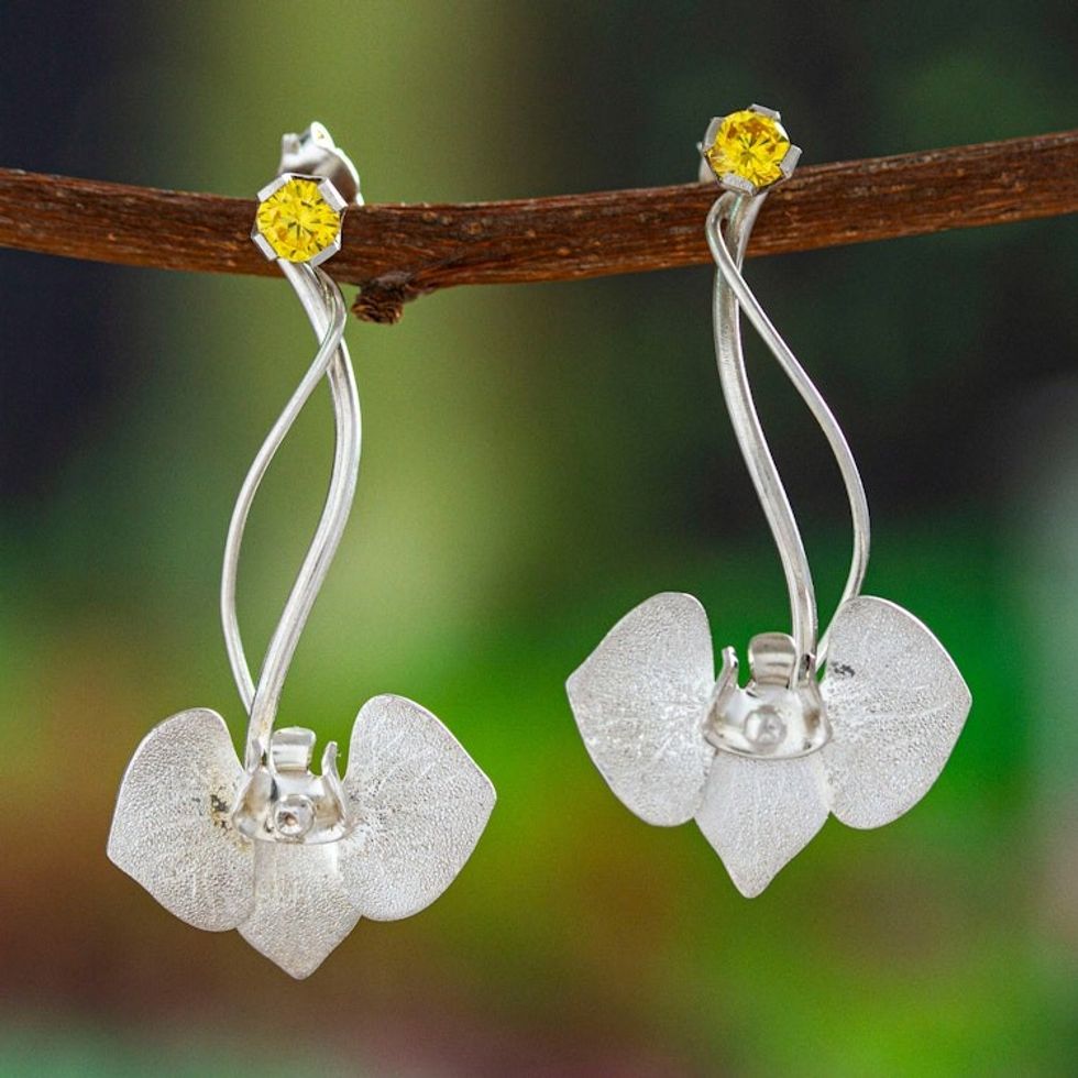 Orchid Sterling Silver Drop Earrings with Cubic Zirconia 'Sunshine Orchid'