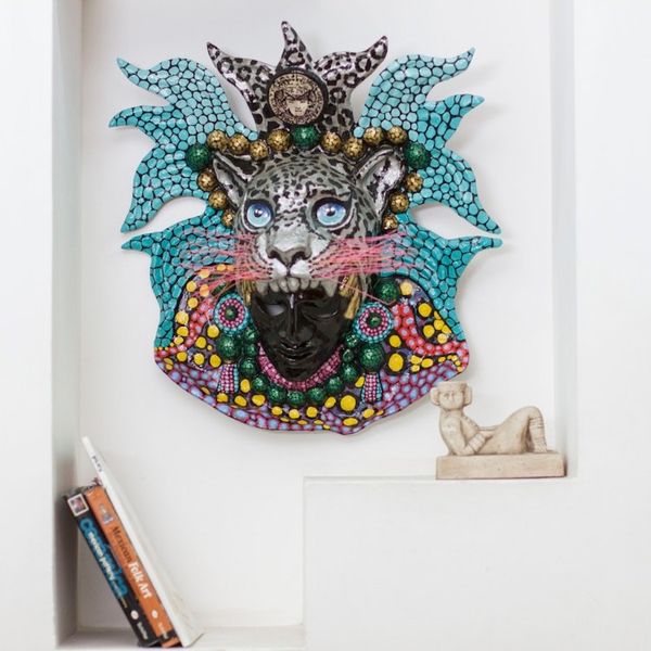 Alternate image for Hand-Painted Lacquered Papier Mache Mexican Jaguar Mask Grey Jaguar God