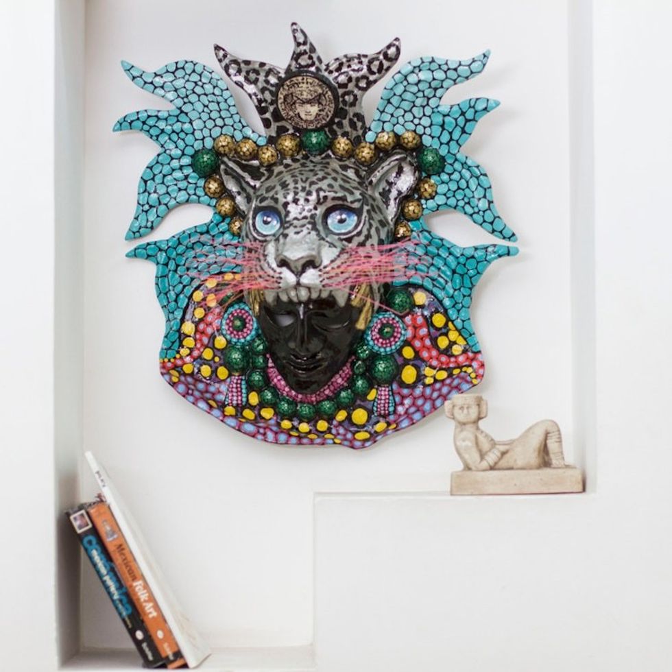 Hand-Painted Lacquered Papier Mache Mexican Jaguar Mask 'Grey Jaguar God'