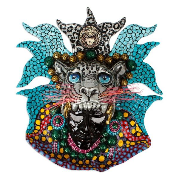 Alternate image for Hand-Painted Lacquered Papier Mache Mexican Jaguar Mask Grey Jaguar God