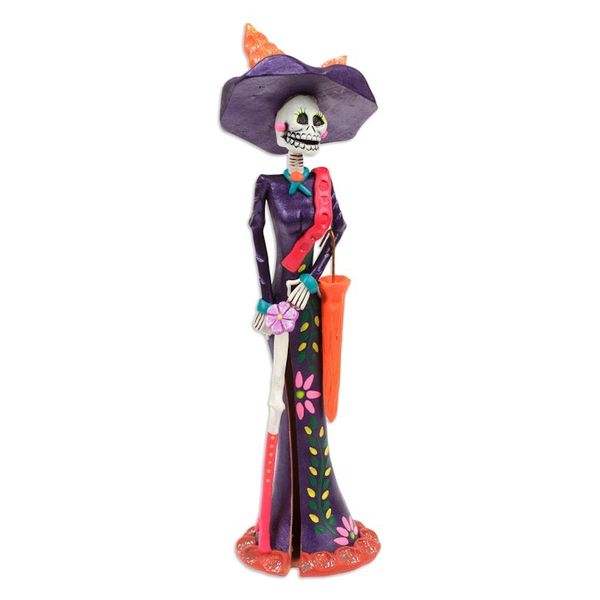 Alternate image for Hand-Painted Floral Blue-Violet Catrina Ceramic Sculpture The Elegant Catrina