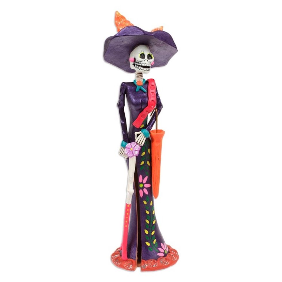 Hand-Painted Floral Blue-Violet Catrina Ceramic Sculpture 'The Elegant Catrina'