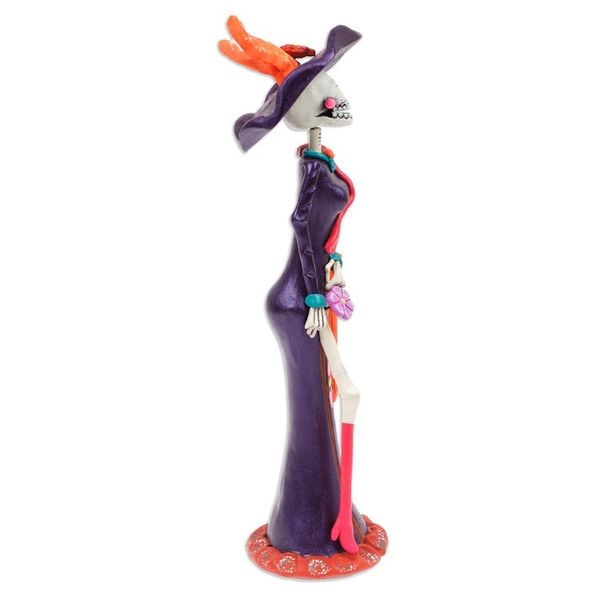 Alternate image for Hand-Painted Floral Blue-Violet Catrina Ceramic Sculpture The Elegant Catrina