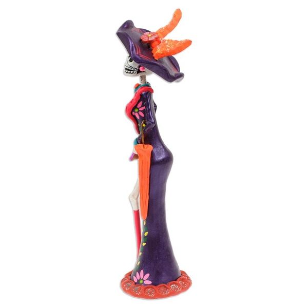 Alternate image for Hand-Painted Floral Blue-Violet Catrina Ceramic Sculpture The Elegant Catrina