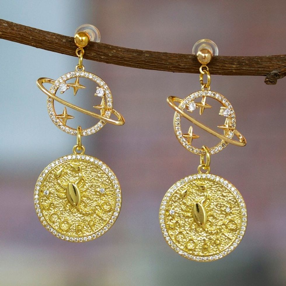 Cosmos-Themed 24k Gold-Plated Brass Scorpio Dangle Earrings 'Scorpio Galaxy'