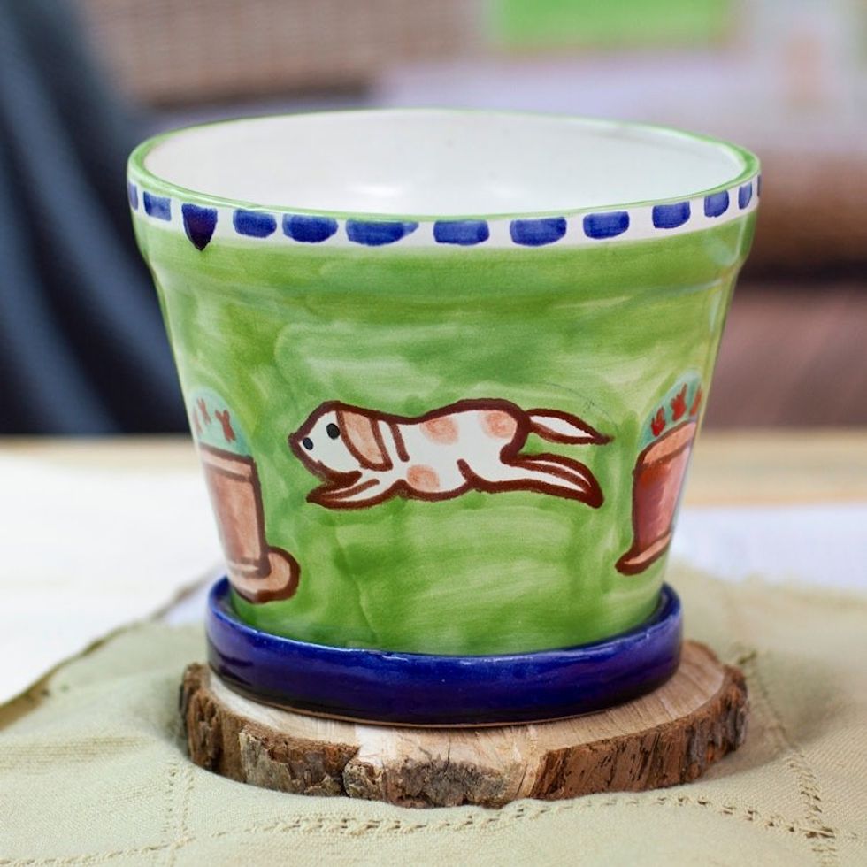 Hand-Painted Dog-Themed Green Ceramic Flower Pot and Saucer 'Merry Dogs'