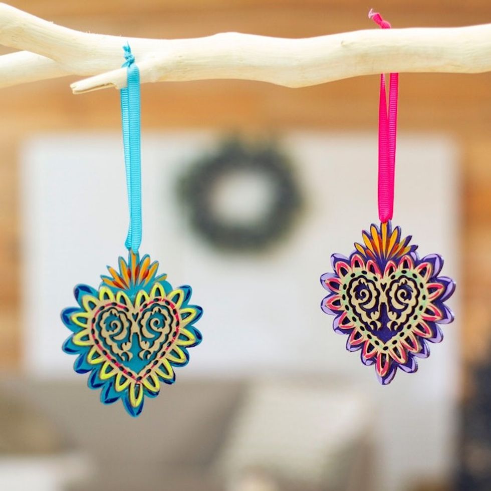 2 Hand-Painted Heart-Shaped Wood Ornaments with Ribbons 'Shimmering Heart'
