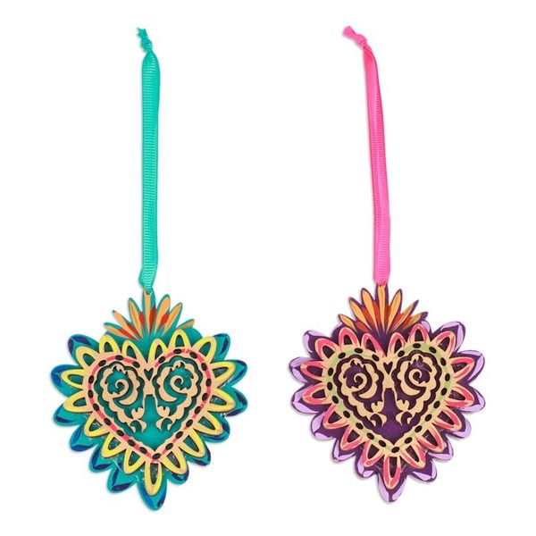 Alternate image for 2 Hand-Painted Heart-Shaped Wood Ornaments with Ribbons Shimmering Heart