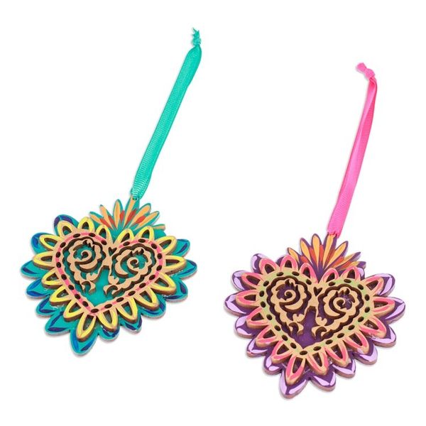 Alternate image for 2 Hand-Painted Heart-Shaped Wood Ornaments with Ribbons Shimmering Heart