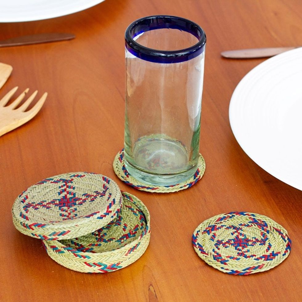 Set of 6 Blue and Red Natural Fiber Coasters from Mexico 'Red Eco'
