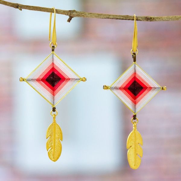 Alternate image for 18k Gold-Accented Cerise Dangle Earrings with Brass Feathers Feathery Cerise Diamonds