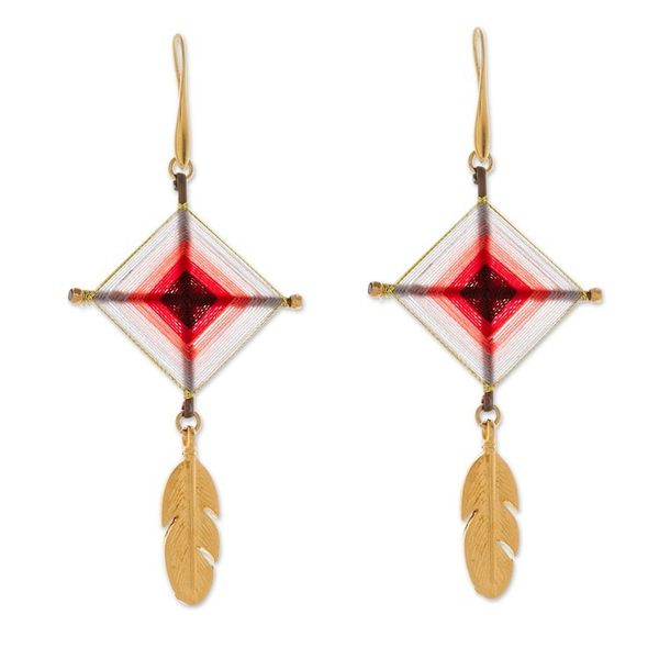 Alternate image for 18k Gold-Accented Cerise Dangle Earrings with Brass Feathers Feathery Cerise Diamonds