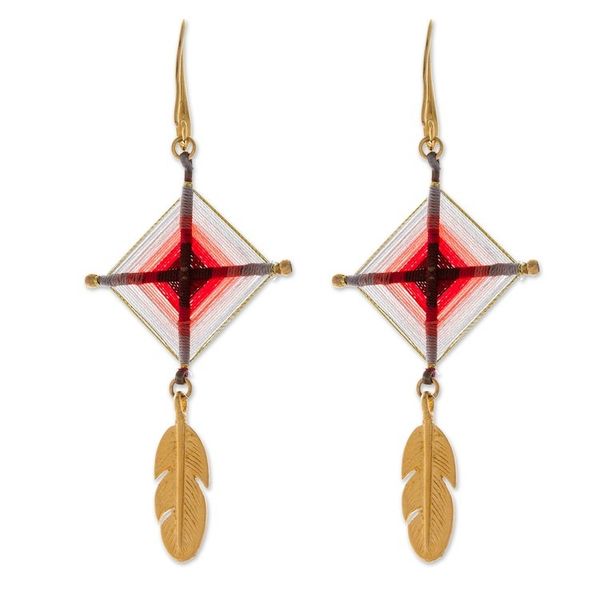 Alternate image for 18k Gold-Accented Cerise Dangle Earrings with Brass Feathers Feathery Cerise Diamonds