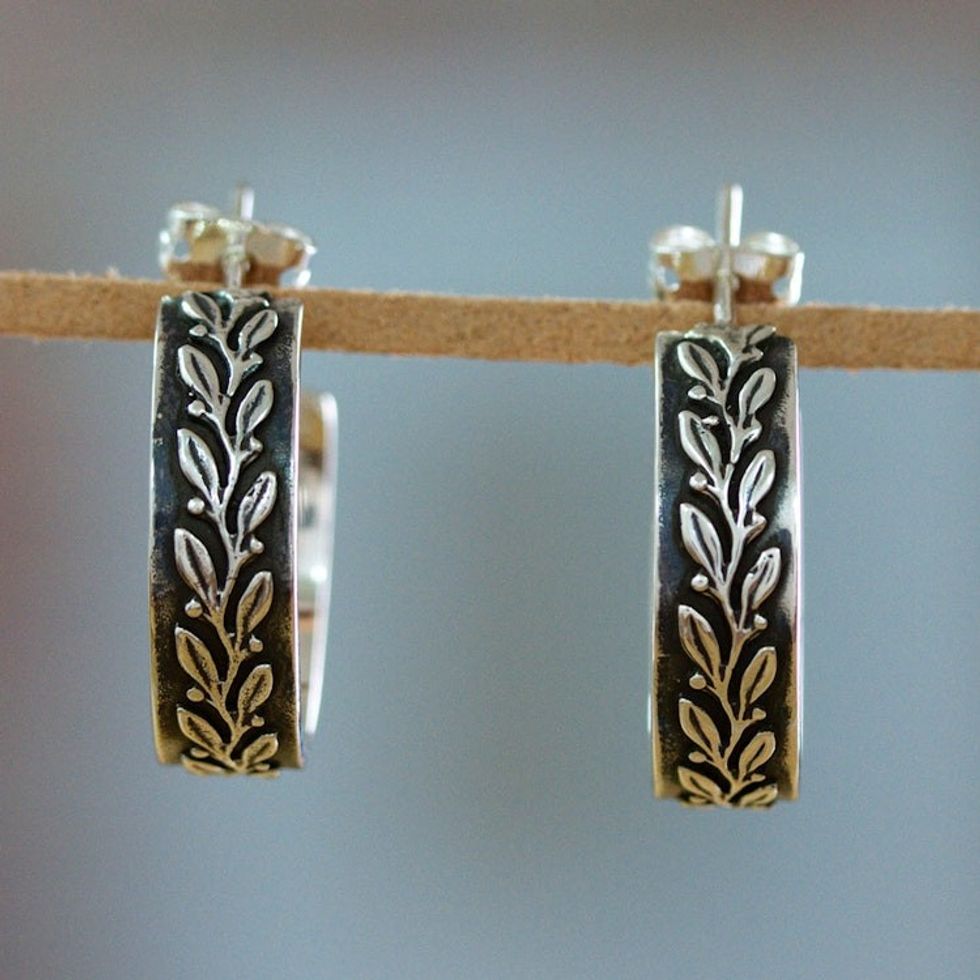 Oxidized Leafy Embossed Taxco Silver Half-Hoop Earrings 'Ode to Nature'