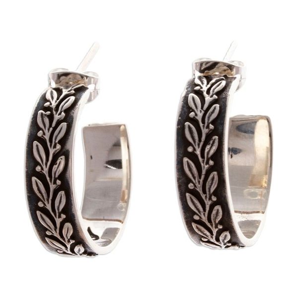 Alternate image for Oxidized Leafy Embossed Taxco Silver Half-Hoop Earrings Ode to Nature