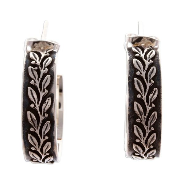Alternate image for Oxidized Leafy Embossed Taxco Silver Half-Hoop Earrings Ode to Nature