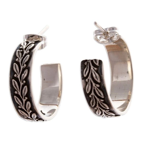 Alternate image for Oxidized Leafy Embossed Taxco Silver Half-Hoop Earrings Ode to Nature