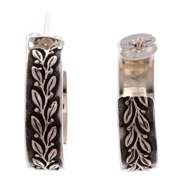 Alternate image for Oxidized Leafy Embossed Taxco Silver Half-Hoop Earrings Ode to Nature