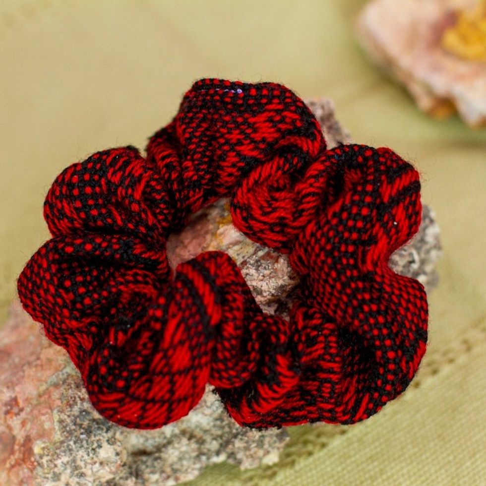 Handloomed Cotton Red Scrunchie with Geometric Pattern 'Red Spell'