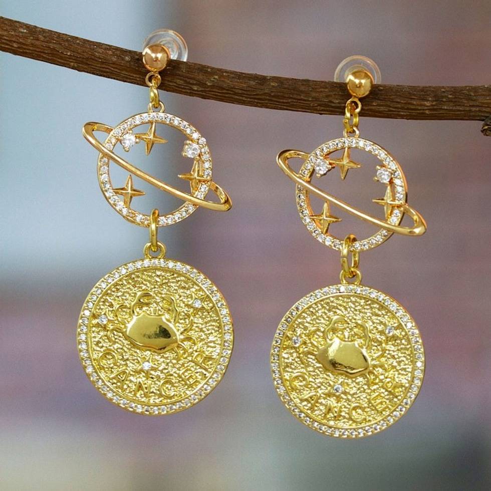 Cosmos-Themed 24k Gold-Plated Brass Cancer Dangle Earrings 'Cancer Galaxy'